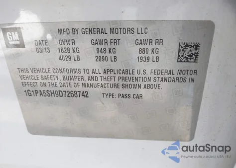 2013 Chevrolet Cruze Ls Auto from USA, damaged, VIN 1G1PA5SH9D7268742